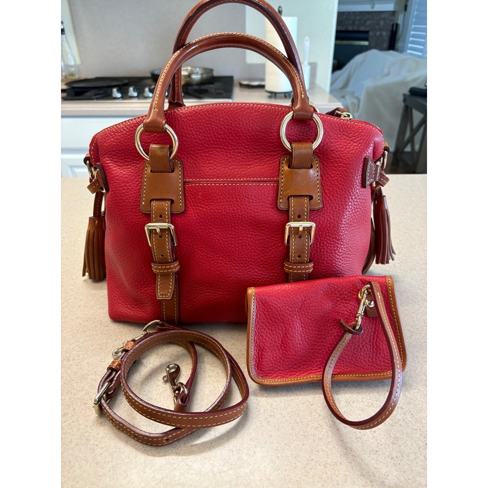 Dooney & Bourke Pebbled Leather Satchel + Wristlet Set Red/Tan Crossbody - Picture 2 of 10